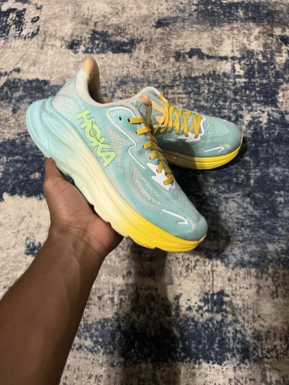 Size 6.5y-HOKA CLIFTON 10 Blue Coral Yellow Rare Color Woman’s 8 Shoes